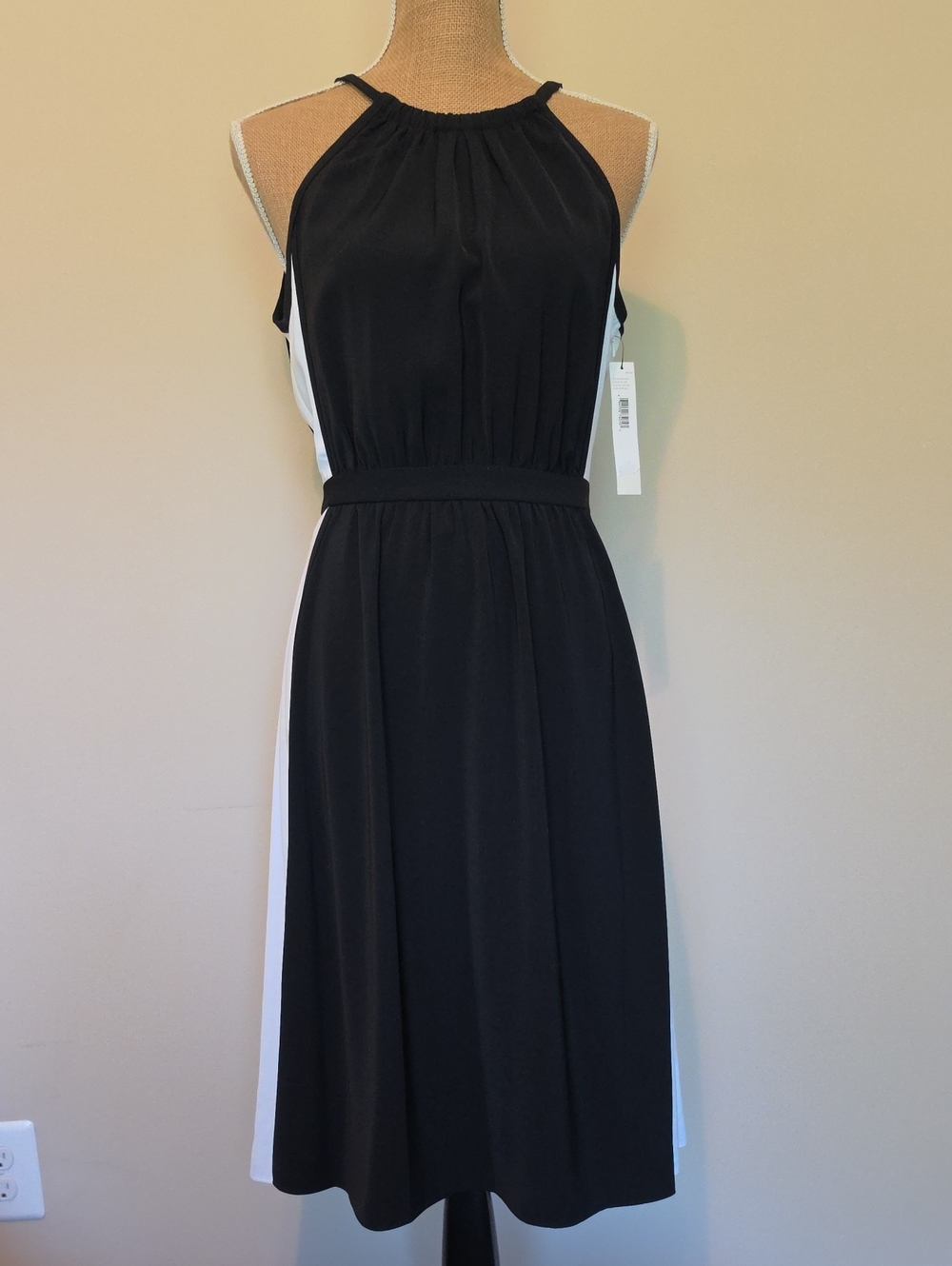 Dkny Black Halter Midi Dress with White Side Panels